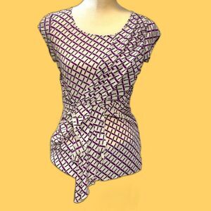 Anthropologie Women’s Purple cream Silk Faux Wrap Blouse Short Sleeve Boho Top
